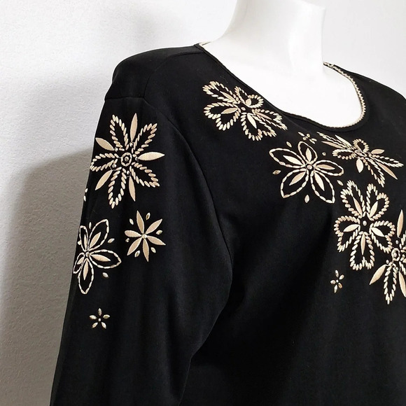Alfred Dunner Black & Gold Spontaneous Flower Embroidery Crew Neck Top Size XL - Picture 6 of 13